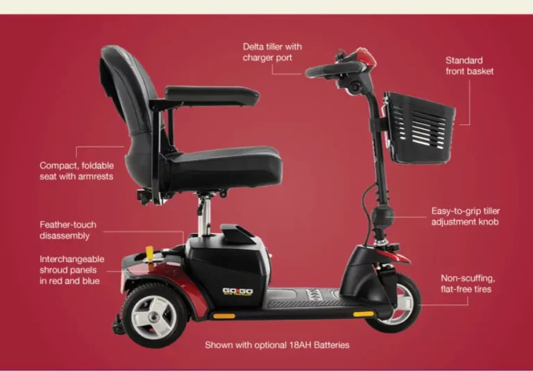 Lightweight Power scooters covered by insurance with different key features labeled