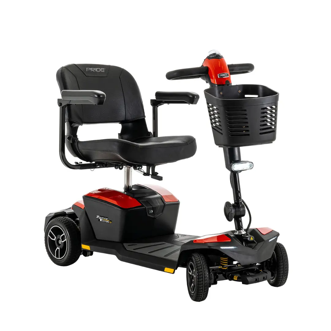 Pride Jazzy 4-wheel scooter, suitable for individuals with mobility limitations but have significant upper arm strength to steer.