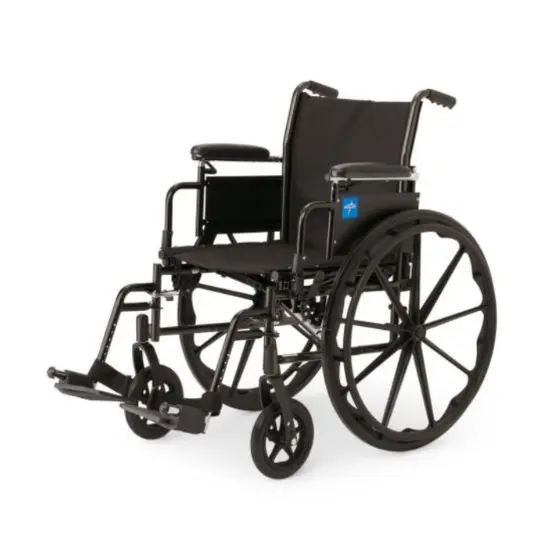 Pictured is a Medline Wheelchair that is lightweight and easy to use, featuring Flip-Back, Desk-Length Arms, and Elevating Leg Rests.